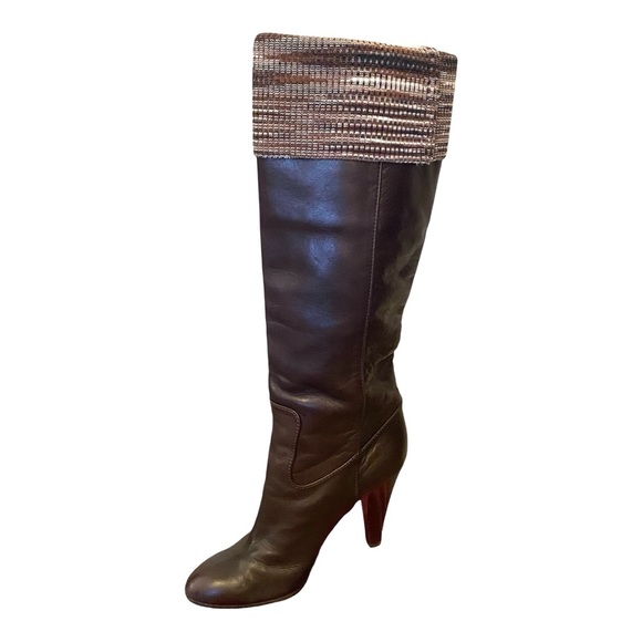 Missoni Brown Leather Boots Knit Striped Block Heel Knee High w/box 8.5 EU 38.5 - Picture 2 of 15